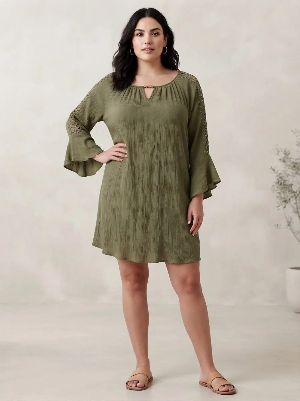 Olive Green Mini Dress with Crochet Sleeve Detail